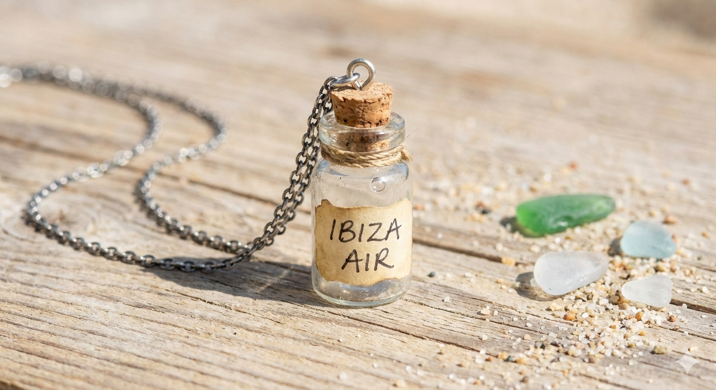 Ibiza Air bottle pendant on weathered wood with sea glass